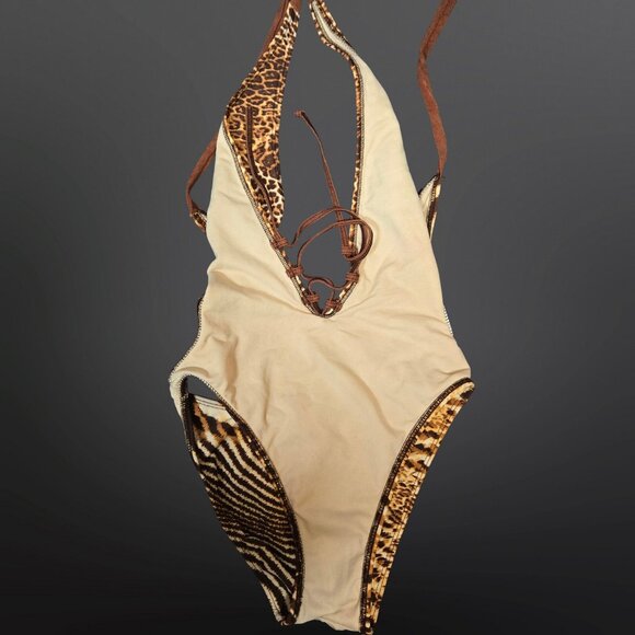 Y2K One Piece high Cut Leopard Print Swimsuit Womens Size S Deep V Lace Up - Picture 11 of 11